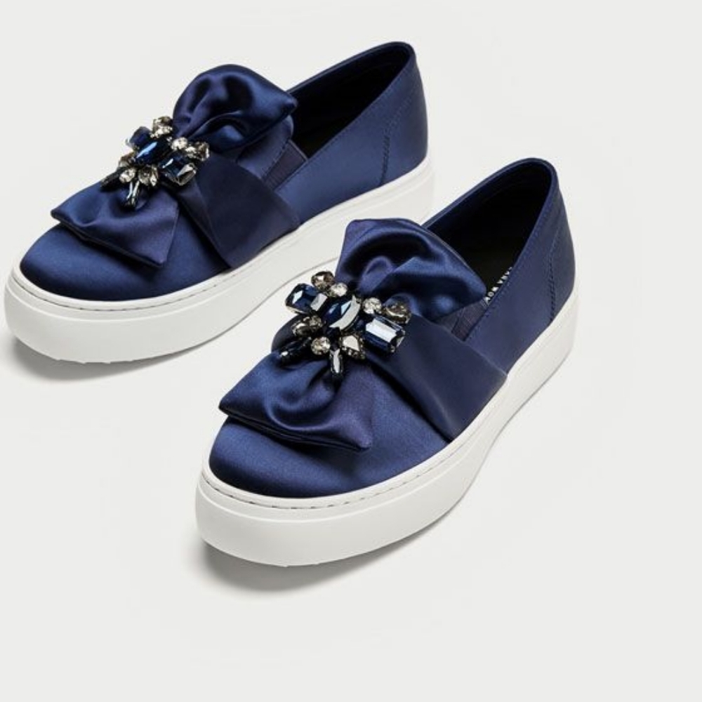 Zara bow sneakers plimsolls slipons satin blue crystals sz 36